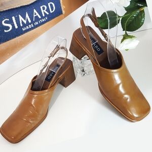 90s-Y2K Simard🍂Italian Sandal🍂Tan Square Toe| Block Heels| Ankle Strap